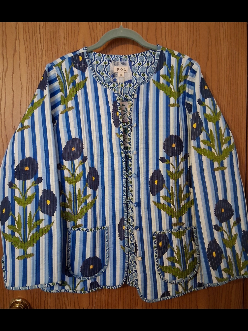 POL Striped Floral Quilted Jacket in Blue